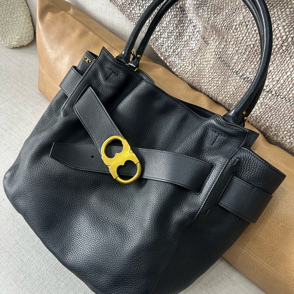 Black Leather Tote Bag with Gold Accent